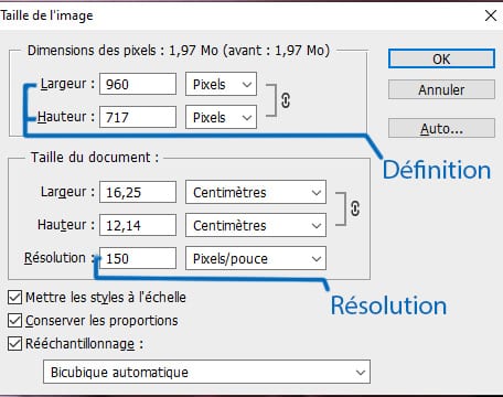 Capture d'écran du menu taille de l'image de Photoshop. En haut se trouve la définition : nombre de pixel en largeur et hauteur, plus bas la résolution, nombre de centrimètre en largeur et hauteur et nombre de pixel par pouce